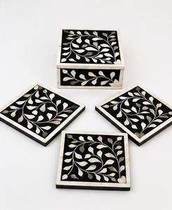 Handmade Bone Inlay <b>Coaster</b> Set with Holder Set of 6 Rustic Eco-Friendly Black <b>White</b> Floral Design Luxury Table Decor Gift Set - Product Image 6