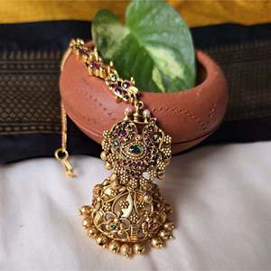 Jhumka Chain Charm Earrings with Crystal and Rhinestone Brass Gold Plated for Women's Ethnic Party Look - Product Image 2