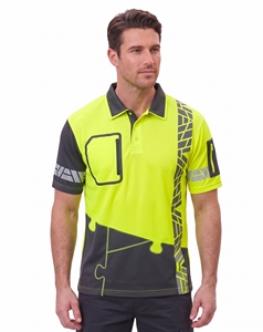 custom mens high visibility <b>polo</b> shirts neon <b>orange</b> navy reflective chest stripe safety workwear yellow contrast collar shirts - Product Image 4
