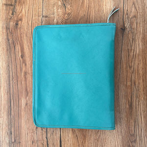 A4 Size Hand <b>Tooled</b> <b>Leather</b> Certificate Holder Cowhide Turquoise Multifunctional Portfolio With Zippered Closure & Ring Binders - Product Image 4