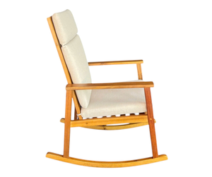 Fauteuil à bascule scandinave NICO, structure en teck, revêtement en lin, style mid-century modern, accoudoirs, pieds coniques, chaise de jardin - Product Image 3