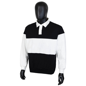 Polo à manches longues pour homme, tricoté, décontracté, à blocs de couleur, coupe classique, style rayé blanc et noir - Product Image 1
