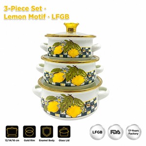 Senny – Lot de 3 mini-casseroles en émail, motifs citron, rebord doré, tailles 12, <span class=keywords><strong>14</strong></span> et 16 cm, ensemble de casseroles emboîtables, vente en gros directe usine pour la cuisine - Product Image 1