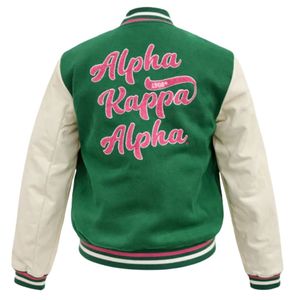 AKA Varsity <b>Jacket</b> Women Green <b>White</b> Letterman Leather Sleeves <b>Jacket</b> AKA Embroidered Casual Sorority Greek Outerwear - Product Image 3