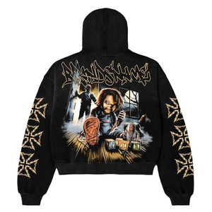 Sudadera con capucha negra con cremallera para hombre, estampado Chucky, corte regular oversize, estilo urbano, de algodón y felpa, para otoño, 2 piezas - Product Image 3
