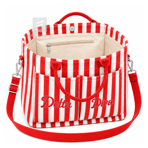 Bolsa de lona personalizada de la hermandad Delta Sigma Gamma, azul y blanca, con logotipo bordado a rayas, para uso diario, de gran capacidad. - Product Image 2