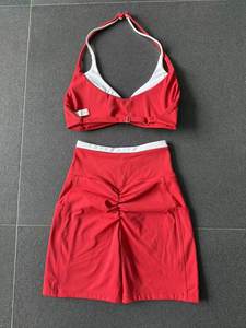 Red Racerback V-neck Crop <b>Top</b> High Waist Shorts Yoga Pants Set Pockets Contrast Binding Seamless Breathable Spandex Nylon - Product Image 5