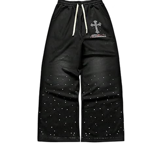 Pantalón de chándal para hombre de algodón ligero, cintura media, corte recto, pierna ancha, estilo jogger apilado, lavado ácido, transpirable, acampanado y holgado. - Product Image 1