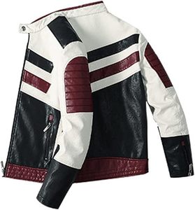 Men's <b>Thick</b> Warm Patchwork Front Embroidered Stand Windbreaker <b>Jacket</b>-<b>Fleece</b> Lined PU Leather Motorcycle Coat Casual - Product Image 4