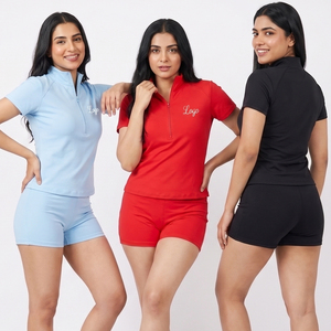 Ensemble sportif 2 pièces pour femme, haut zippé à manches courtes et short au-dessus du genou, séchage rapide, polyester tricoté, coupe classique, printemps-été - Product Image 6