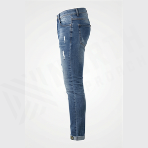 Jean en denim déchiré coupe slim pour homme, taille mi-haute, en coton, style décontracté automne, jambe droite, bleu délavé - Product Image 3