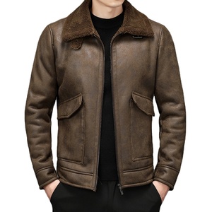 <b>Men's</b> <b>Brown</b> Genuine <b>Leather</b> <b>Jacket</b> With Faux Fur Collar Windproof Winter Moto Style Regular Fit Turn-down Collar - Product Image 1