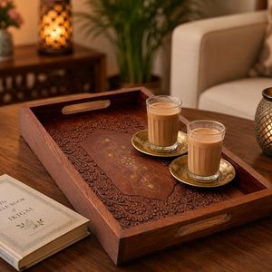 Handmade Traditional Shesham Wood <b>Moroccan</b> Serving Tray with Brass Inlay Carved Rectangular Design <b>Decorative</b> Handle for Dining - Product Image 4