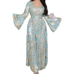 2023 dubaï robes de soirée élégantes pour les musulmans Robe manches évasées col en v taille haute longueur de plancher robes arabes broderie plissée - Product Image 1