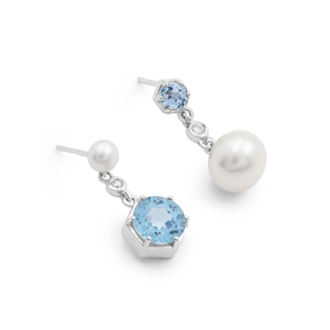 Pendientes colgantes de plata de ley 925 100% pura con topacio azul hexagonal, perla y engaste de diamantes, joyería fina clásica para mujer - Product Image 3