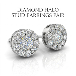 Boucles d'oreilles clous en or blanc 18 carats avec diamants naturels, serti halo, pierres centrales rondes, monture galerie pour femme, MOQ personnalisé 1 pièce - Product Image 1