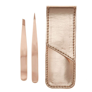 Ensemble de pinces à épiler pour sourcils en or rose avec étui en cuir, pinces à épiler pointues pour l'épilation du visage, ensemble de 2 pinces à épiler pour sourcils - Product Image 1