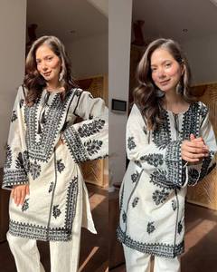 Wholesale Elegant White Black Indian Pakistani Salwar Kameez Heavy Embroidered Cotton <b>Kurti</b> Pant Set Luxury Tunic Dupatta Suit 3 - Product Image 4
