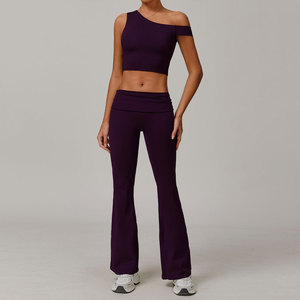 Ensemble de yoga asymétrique à épaules dénudées, col carré, short taille haute, couleur unie, sans couture, en Spandex/Nylon, 2 pièces, respirant - Product Image 4