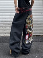 Jean ample vintage pour homme 100 % coton, coupe large, broderie lettrée, style streetwear millennial, délavé gothique, couleur unie, hiver