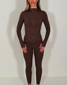 Women's Brown Full Length Yoga Set With Zipper Closure High Waist Leggings And Long Sleeve <b>Top</b> <b>Sweat</b> Wicking Spandex Polyester - Product Image 1