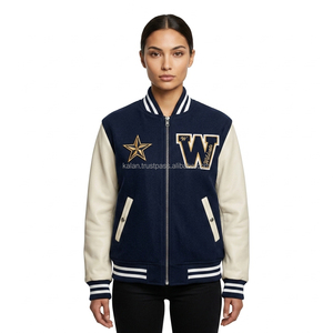 Blouson universitaire unisexe personnalisé en laine avec manches en cuir, col montant, teint, pour homme, style cheerleader, bomber, uni, décontracté, hiver, brodé - Product Image 1