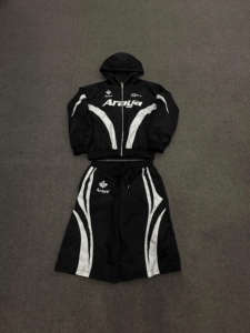 Custom Mens Two Piece <b>Tracksuit</b> Set Hooded Windbreaker Jacket and Curved Panel Shorts <b>Y2K</b> Streetwear - Product Image 1