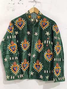 <b>Women</b> Suzani Embroidered Green <b>Velvet</b> Cotton Jacket Handmade Heart Floral Boho Ethnic Winter <b>Coat</b> Wholesale Fashion - Product Image 1