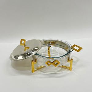 Luxury Inner <b>Glass</b> Chafing <b>Dish</b> Gold Stainless Steel Buffet Food Warmer Middle East Round Casserole Serving Pot <b>with</b> <b>Lid</b> & Stand - Product Image 4