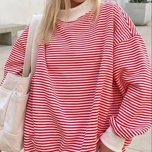 Sweat-shirt ample à col rond pour femme, rayé rouge et blanc, 100% coton tricoté, coupe ample pour le printemps - Product Image 1