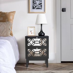 FCH 2pcs Black Bedside <b>Table</b> Dressers 45*30*60cm MDF with Spray Paint Smoked <b>Mirror</b> Two-Drawn Carving - Product Image 5