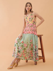 Robe Maxi Évasée Multicolore à Imprimé Floral et Dos Nu, Préférée des Femmes, pour Usage Quotidien, Décontracté et Domestique, à Prix de Gros - Product Image 5