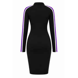 NCNW Vestido ajustado para mujer con mangas a rayas en contraste, cuello simulado con cremallera de un cuarto, largo hasta la rodilla, bordado, casual, ajustado - Product Image 4
