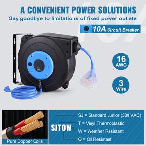 Avvolgicavo retrattile per impieghi gravosi da 30 piedi, 16AWG/3C SJTOW, con presa tripla illuminata e connettore maschio AU da 10 pollici - Product Image 4