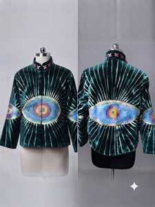 Teal Green Velvet Stand Collar Jacket Men Vintage Suzani Print Ethnic Open Stitch Outerwear Bohemian Style Eco-Friendly <b>Winter</b> - Product Image 3