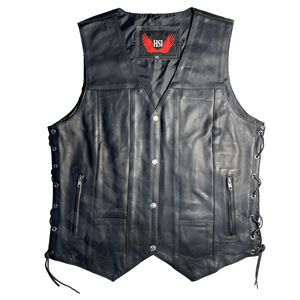 Chaleco de Motocicleta de Cuero Negro para Hombre HSI, Sin Mangas, Cuello en V, con Cordones Laterales y Bolsillos con Cremallera, para Todas las Temporadas - Product Image 1