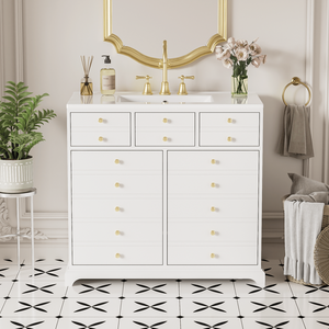 Mobile Bagno da 36 Pollici con Lavabo in Ceramica, Struttura in Legno Massello, Armadietto Contenitore a 2 Cassetti, Set Mobiletto da Bagno Autoportante - Product Image 2