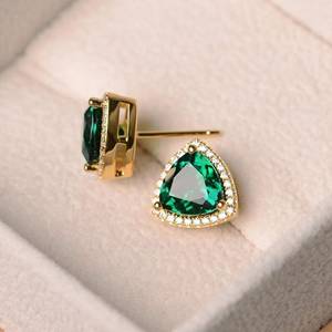 Triangle Cut Green Crystal <b>Stud</b> <b>Earrings</b> 18K Gold Plated Women's Luxury Jewelry Everyday Wear Bezel Setting - Product Image 1