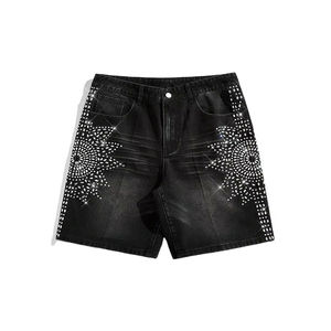 Short en jean pour homme personnalisé, style streetwear hip-hop, avec strass, coupe baggy, effet vieilli, délavé à l'acide, fabrication OEM - Product Image 1