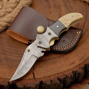 Handmade Damascus Steel Folding <b>Knife</b> with Natural <b>Bone</b> <b>Handle</b> | Premium EDC Pocket <b>Knife</b> for Hunting, Camping, Outdoor Survival - Product Image 1