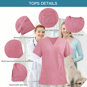 Ensemble de blouses médicales en gros : Haut à col en V avec poches et pantalon à cordon de serrage – Uniformes d'hôpital, motifs roses, tenues médicales pour dentistes et médecins - Product Image 2