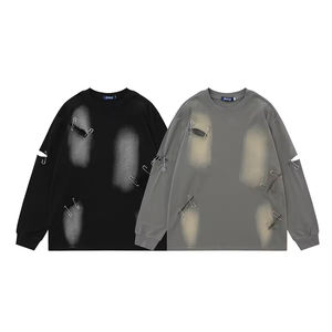 เสื้อยืดแขนยาวผ้าฝ้ายแท้แบบซักล้าง ดีไซน์สั่งทำได้ ลวดลายปรับแต่งได้ สไตล์ใหม่ เสื้อยืดแขนยาวแบบทำเก่า - Product Image 3