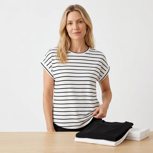 Set di T-Shirt a <span class=keywords><strong>Maniche</strong></span> <span class=keywords><strong>Corte</strong></span> da Donna, Girocollo in Cotone, Bluse Tinta Unita Nere e Bianche a Righe, Top Loungewear a <span class=keywords><strong>Maniche</strong></span> <span class=keywords><strong>Corte</strong></span> Mad Bangladesh - Product Image 4