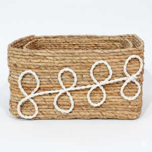 Handmade Natural Water Hyacinth Woven <b>Storage</b> <b>Basket</b> with <b>White</b> Rope Pattern Decorative Woven Rectangular Organizer High Quality - Product Image 2