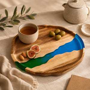 2026 Luxury Aurora River <b>Epoxy</b> Resin & Solid Acacia Wood Serving Tray with Premium Gold Metal Handles for Modern Home Décor - Product Image 5