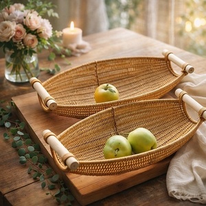 Cestas de Almacenamiento Modernas de Fibra de Bambú y Ratán Marrón Ovaladas Ecológicas al por Mayor con Asas, Portafrutas Multifuncional para Cocina - Product Image 1