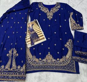 Ensemble Sharara brodé prêt-à-porter, en mousseline de soie, pour femme, imprimé feuille d'aluminium, séchage rapide - Product Image 1