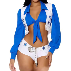 Costume de pom-pom girl bleu et blanc, ensemble 3 pièces avec imprimé étoiles, uniforme pour adulte - Product Image 6