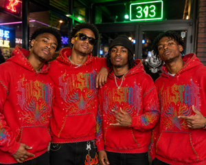 Men's Rhinestone Graphic Pullover Hoodie Custom Streetwear <b>Red</b> Oversized Hip Hop Sweatshirt with Embroidery & <b>Sequin</b> Design - Product Image 3