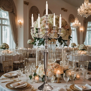 Candélabre élégant à 5 bras en argent, porte-bougie sur pied pour la décoration de la maison et les mariages, design métallique durable à prix abordable - Product Image 3